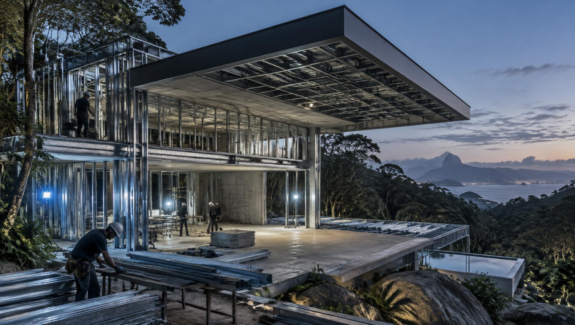 Estrutura contemporânea em Light Steel Frame durante a execução